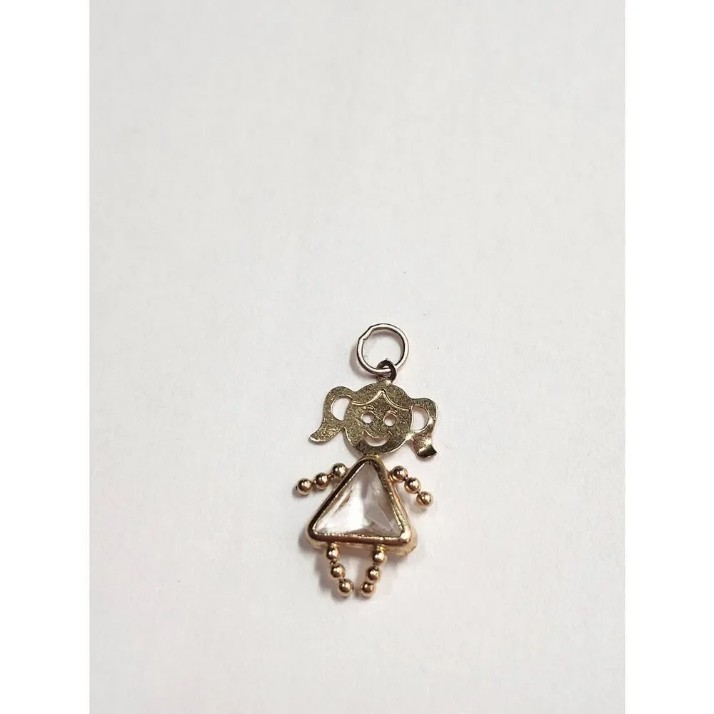 Vintage 14K Yellow Gold Little Girl Charm-Estate-Clear Stone